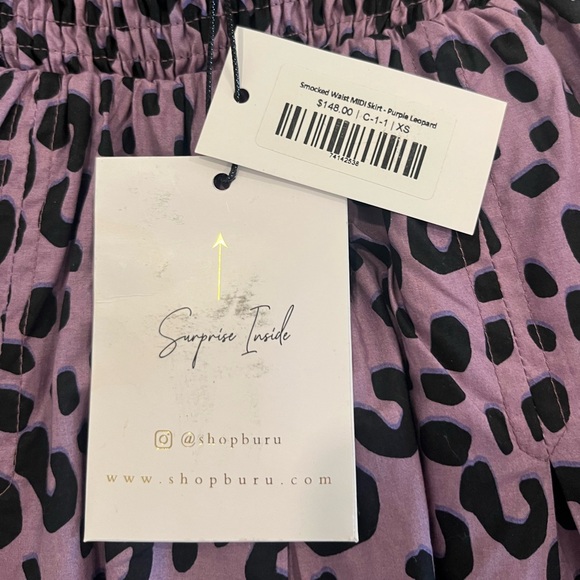 BURU Smocked Waist MIDI Skirt in Purple Cheetah, NWT - Picture 5 of 6